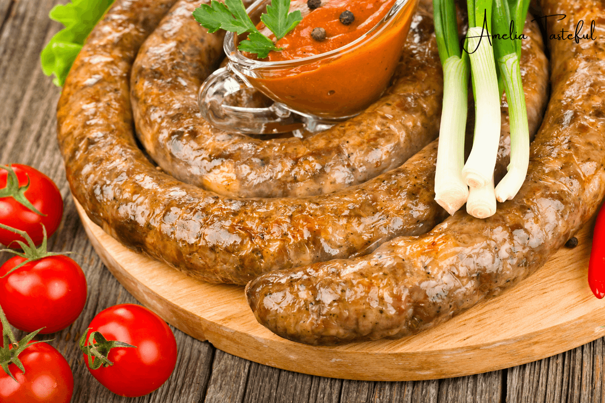 A table set with kielbasa and a variety of side dishes