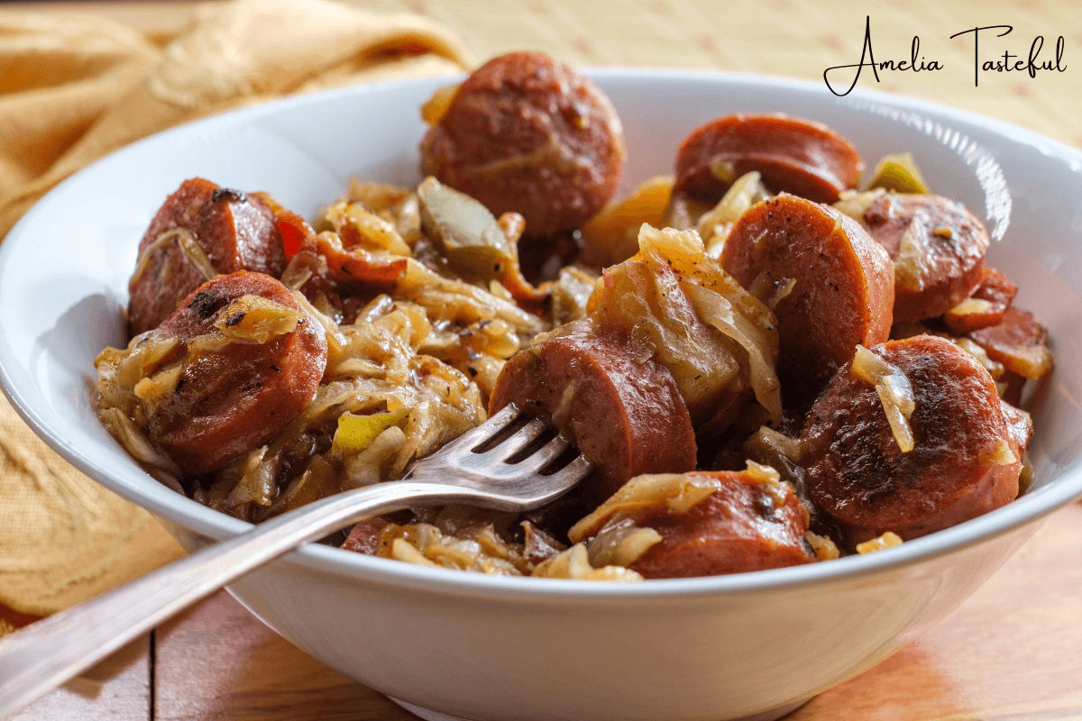 A variety of traditional Polish kielbasa on a rustic table