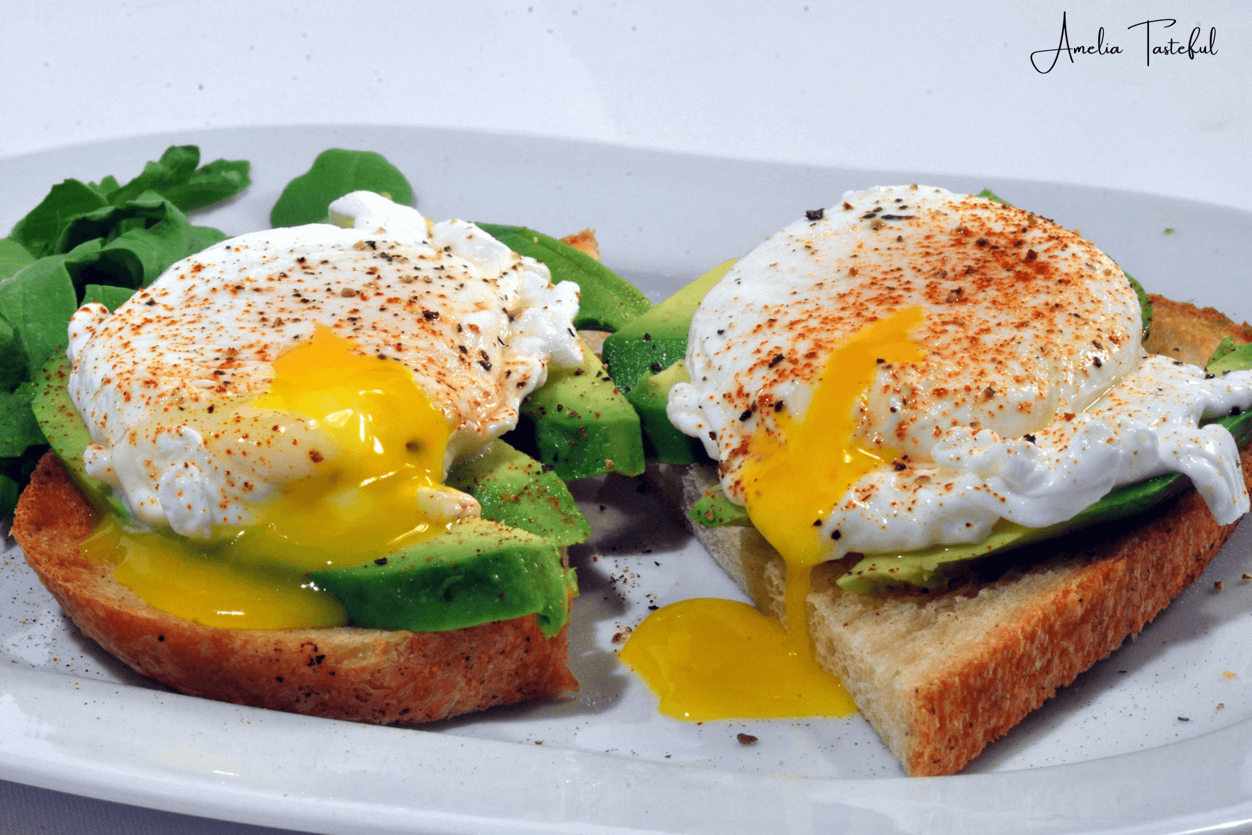 Avocado toast topped with a perfectly poached egg, garnished with herbs and spices on a rustic plate.