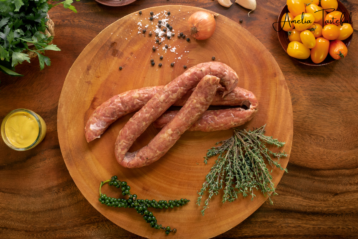 A variety of kielbasa sausages on a wooden board