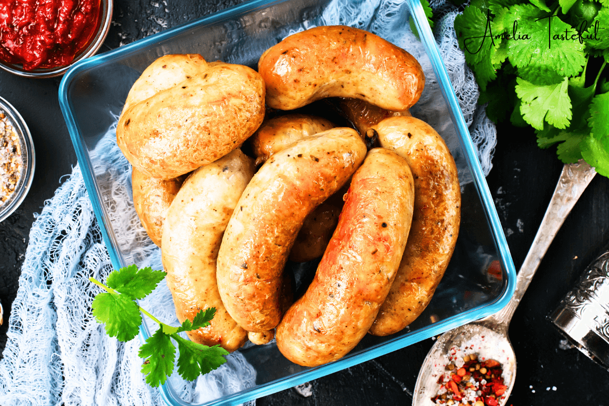 Chicken sausage cooking in a pan