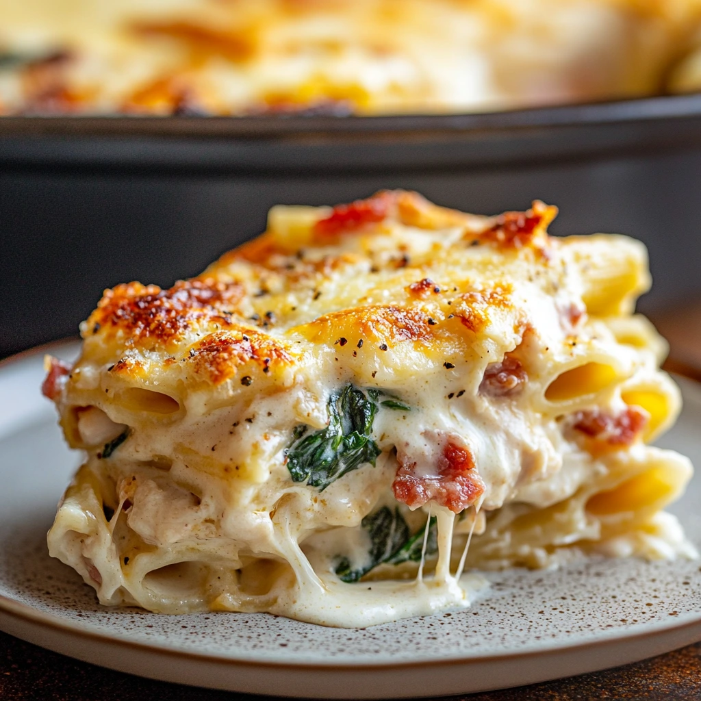 Creamy Chicken Bacon Spinach Penne Bake 4