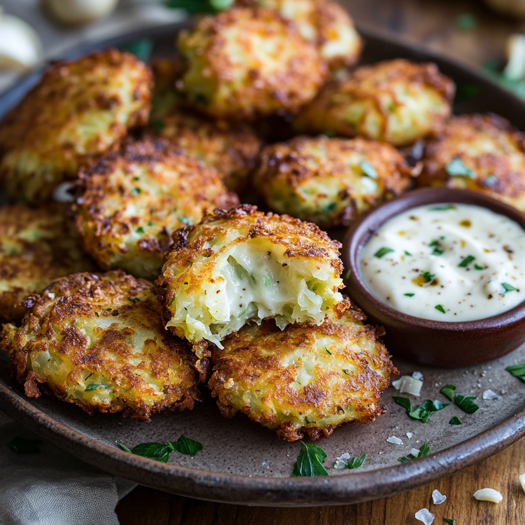 Crispy Parmesan Cabbage Fritters with Roasted Garlic Dip