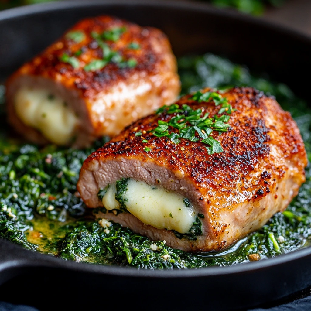 Swiss Cheese Stuffed Pork Chops with Garlic Spinach 4