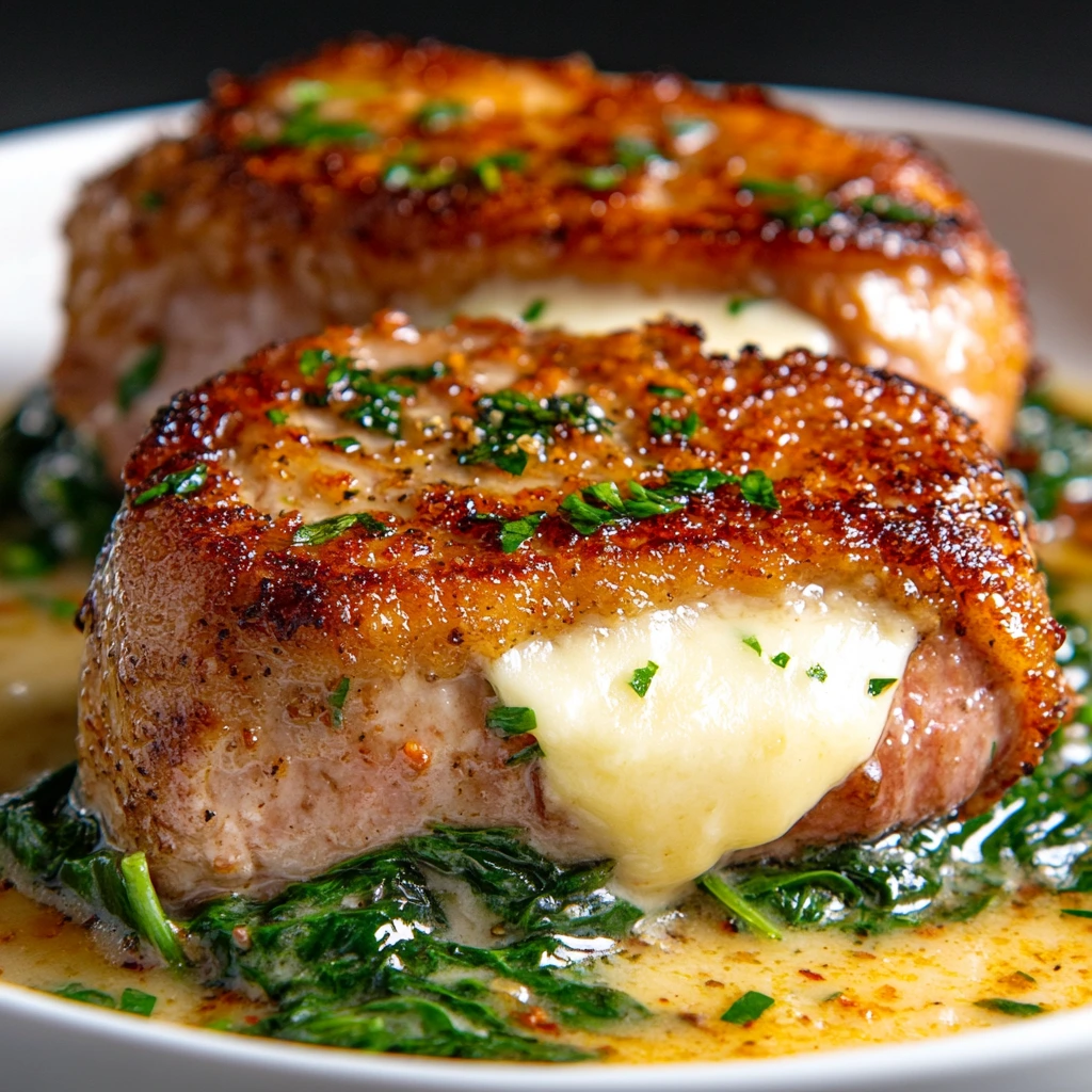 Swiss Cheese-Stuffed Pork Chops with Garlic Spinach 2