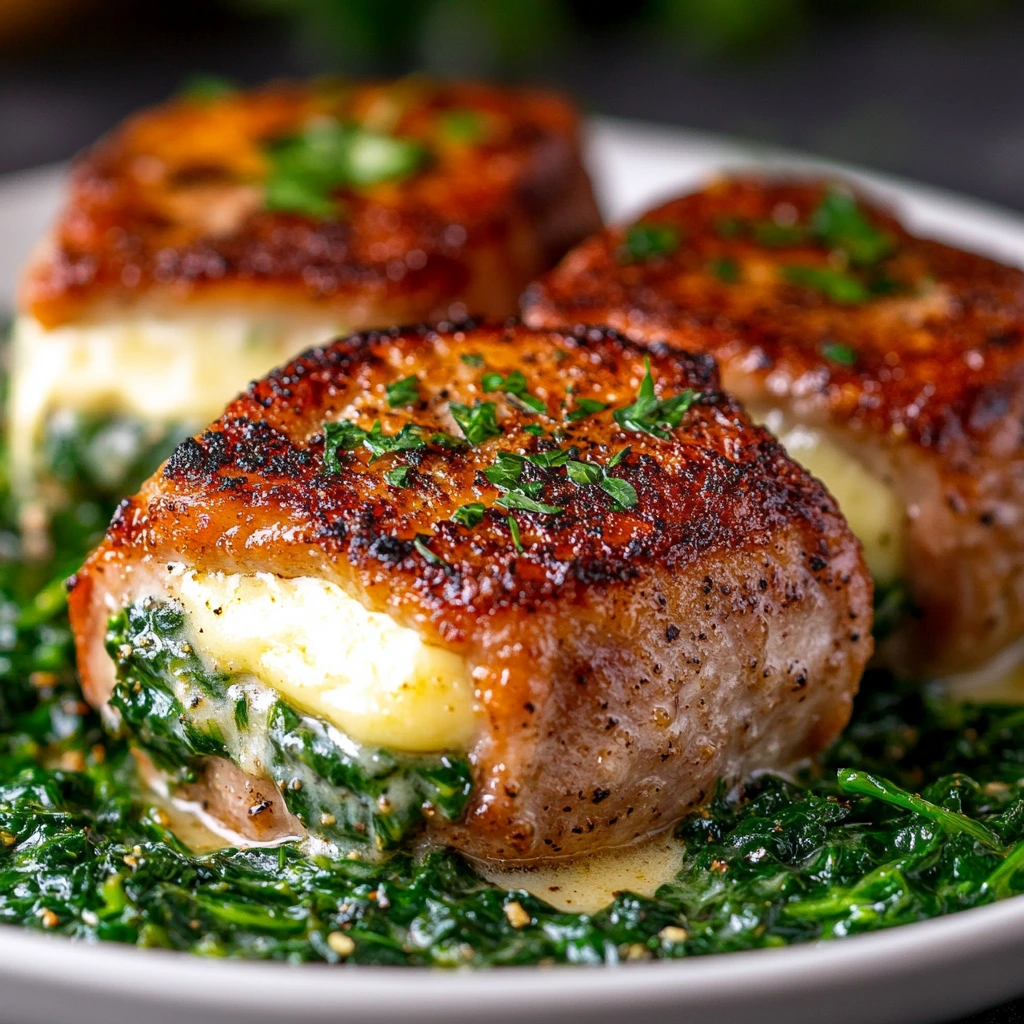 Swiss Cheese-Stuffed Pork Chops with Garlic Spinach 3
