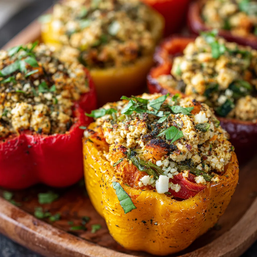 Frequently Asked Questions
Can I use other vegetables instead of bell peppers?
Yes. Zucchini or eggplant work well as low-carb alternatives for stuffing.

How do I make this recipe gluten-free?
Use gluten-free soy sauce or tamari to keep the recipe gluten-free.

Can I prepare these stuffed peppers in advance?
Absolutely. Assemble and refrigerate them up to 24 hours before baking.

What can I serve with tofu stuffed peppers?
Pair with a fresh side salad, roasted low-carb vegetables, or a light soup.

Can I freeze the stuffed peppers?
Yes. Freeze unbaked peppers on a tray, then transfer to a bag. Bake from frozen, adding extra cook time. 4
