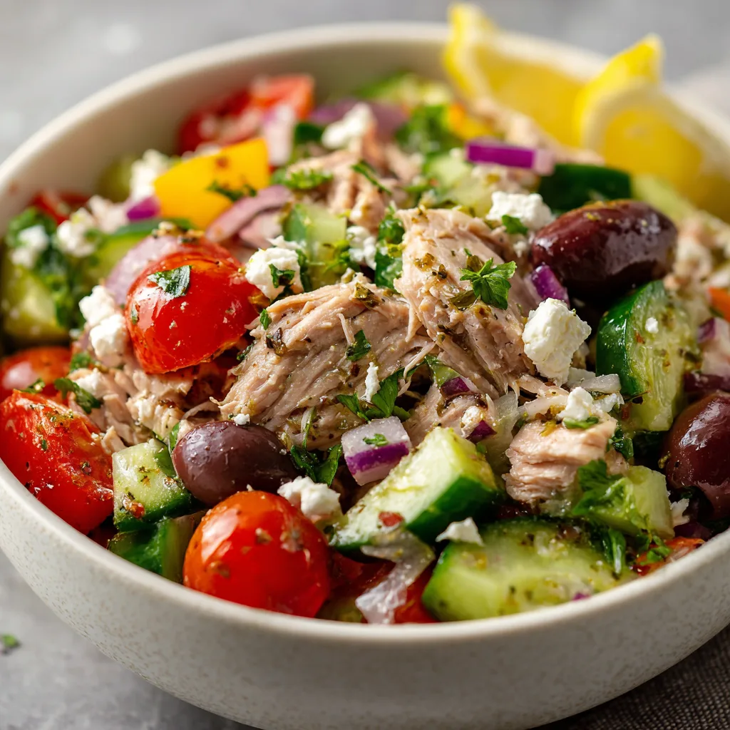 Frequently Asked Questions (FAQs) How can I make this salad vegan? You can easily turn this Mediterranean tuna salad vegan by swapping tuna with chickpeas or firm tofu. Chickpeas add a creamy texture and plant-based protein, while tofu offers a mild flavor and similar protein content. To keep it dairy-free, replace feta cheese with a plant-based alternative or simply omit it. This way, the salad stays fresh, nutritious, and perfectly suitable for a vegan diet. Can I prepare this salad in advance? Yes, prepping the salad ahead is convenient. To maintain freshness, chop vegetables and herbs separately and store them in airtight containers. Keep the dressing in a small jar and add it just before serving to prevent sogginess. If making the full salad in advance, consume it within 24 hours for the best texture and flavor. What are some variations of Mediterranean tuna salad? Variations include adding roasted red peppers, artichoke hearts, or capers to boost flavor and texture. You can also try swapping Kalamata olives for green olives or adding sun-dried tomatoes for a sweeter note. Regional differences include Greek-style salads with more feta and cucumbers or Italian versions incorporating basil and roasted vegetables. These twists keep the salad exciting and customizable. How can I make this salad more filling? To make the salad heartier, mix in cooked quinoa, couscous, or farro. These grains provide extra fiber and energy. Adding sliced hard-boiled eggs or more protein like grilled chicken can also increase satiety. These additions turn the salad into a complete, satisfying meal that fuels you longer. Is this salad suitable for meal prep? This salad is excellent for meal prep due to its simplicity and freshness. Store components separately, especially the dressing, to preserve textures. Incorporate whole grains or proteins like boiled eggs for balanced meals. Consume within 24 hours to enjoy maximum freshness and flavor. Meal prepping this salad saves time and encourages healthy eating throughout the week. 2