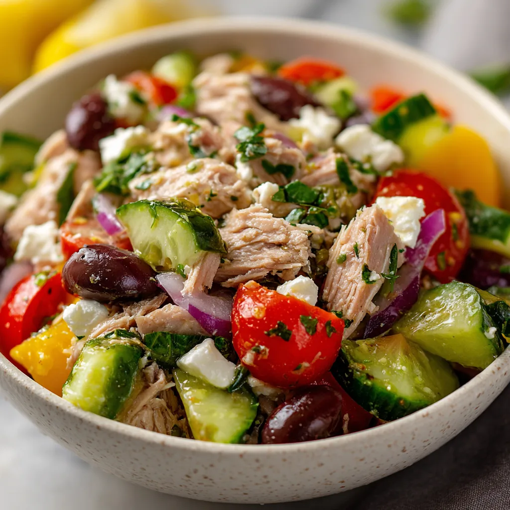 Frequently Asked Questions (FAQs)
How can I make this salad vegan?
You can easily turn this Mediterranean tuna salad vegan by swapping tuna with chickpeas or firm tofu. Chickpeas add a creamy texture and plant-based protein, while tofu offers a mild flavor and similar protein content. To keep it dairy-free, replace feta cheese with a plant-based alternative or simply omit it. This way, the salad stays fresh, nutritious, and perfectly suitable for a vegan diet.

Can I prepare this salad in advance?
Yes, prepping the salad ahead is convenient. To maintain freshness, chop vegetables and herbs separately and store them in airtight containers. Keep the dressing in a small jar and add it just before serving to prevent sogginess. If making the full salad in advance, consume it within 24 hours for the best texture and flavor.

What are some variations of Mediterranean tuna salad?
Variations include adding roasted red peppers, artichoke hearts, or capers to boost flavor and texture. You can also try swapping Kalamata olives for green olives or adding sun-dried tomatoes for a sweeter note. Regional differences include Greek-style salads with more feta and cucumbers or Italian versions incorporating basil and roasted vegetables. These twists keep the salad exciting and customizable.

How can I make this salad more filling?
To make the salad heartier, mix in cooked quinoa, couscous, or farro. These grains provide extra fiber and energy. Adding sliced hard-boiled eggs or more protein like grilled chicken can also increase satiety. These additions turn the salad into a complete, satisfying meal that fuels you longer.

Is this salad suitable for meal prep?
This salad is excellent for meal prep due to its simplicity and freshness. Store components separately, especially the dressing, to preserve textures. Incorporate whole grains or proteins like boiled eggs for balanced meals. Consume within 24 hours to enjoy maximum freshness and flavor. Meal prepping this salad saves time and encourages healthy eating throughout the week. 4
