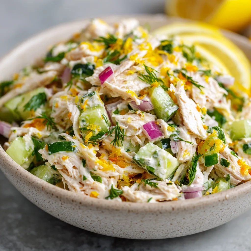 Frequently Asked Questions
What is lemon chicken salad?
It’s a creamy, no-cook dish made with cooked chicken, lemon-based dressing, herbs, and crunchy vegetables. It’s flavorful, light, and ready in minutes.
Is no-bake lemon chicken salad healthy?
Yes. It’s high in protein and low in unhealthy fats, especially when made with Greek yogurt. Add-ins like fresh herbs, fruit, and vegetables make it nutrient-rich.
How long does it last in the fridge?
Store it in an airtight container for 3 to 4 days if no fruit is added. If you include apples or grapes, aim to eat it within 1 to 2 days for best texture.
Can I make it dairy-free or vegan?
Yes. Use tahini or vegan mayonnaise to keep it dairy-free. For a vegan option, substitute the chicken with chickpeas or plant-based chicken alternatives.
Can I freeze it?
No. Freezing alters the texture and dulls the fresh flavor from lemon and herbs. For best quality, enjoy fresh and store only short-term.
What are good ways to serve it?
Spoon it into wraps, croissants, or pita. Serve over fresh greens or scoop it with crackers or celery sticks for a quick bite. It’s perfect for lunches, snacks, and gatherings. 4