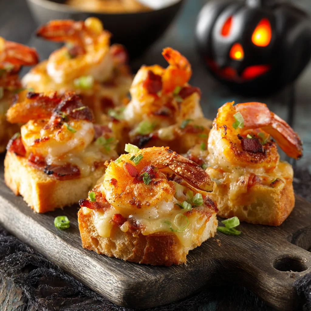 Scary Halloween Snacks Spicy Cajun Shrimp & Cheese Toast Bites – Bold, Savory Party Treats 2