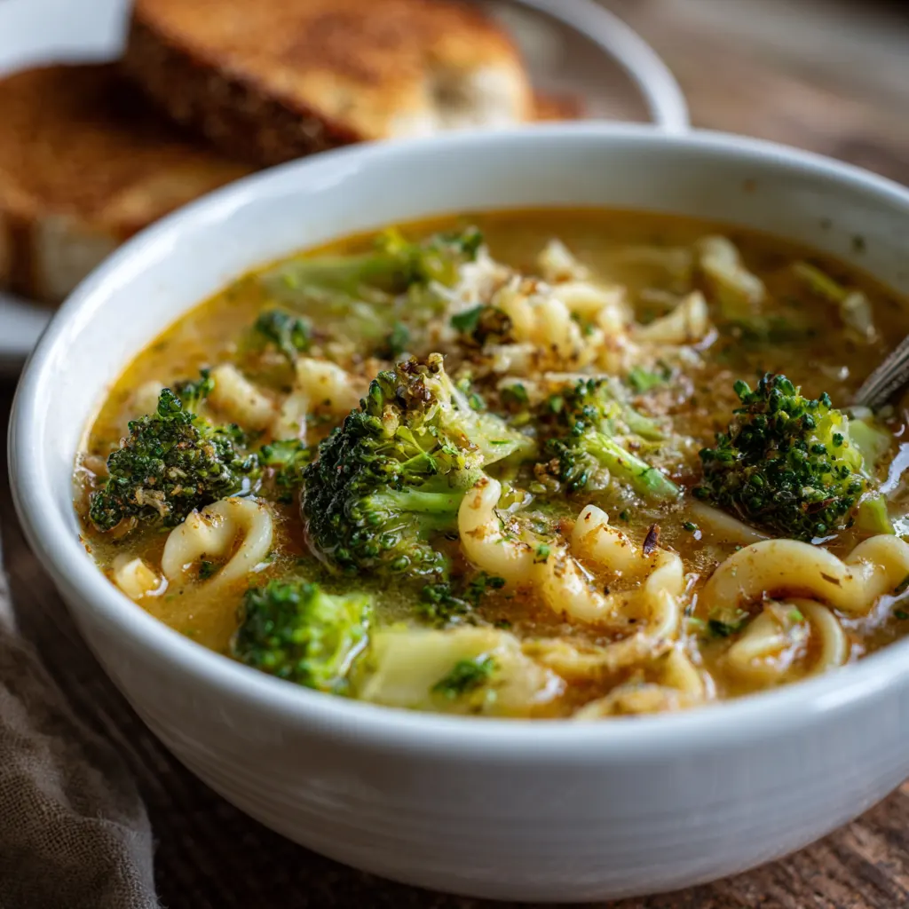 Bowl of creamy crockpot broccoli noodle soup with tender noodles and fresh broccoli.

3
