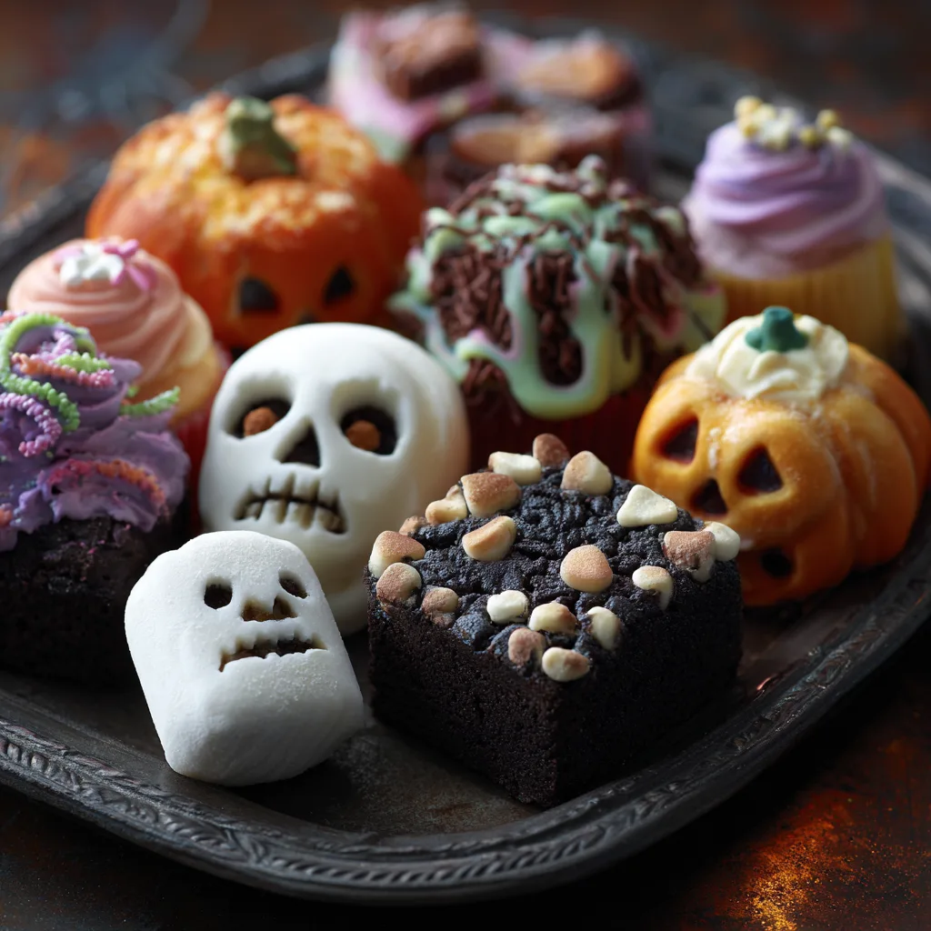 A platter of spooky Halloween-themed treats for adults, including dark desserts, decorated cupcakes, and creepy savory bites.