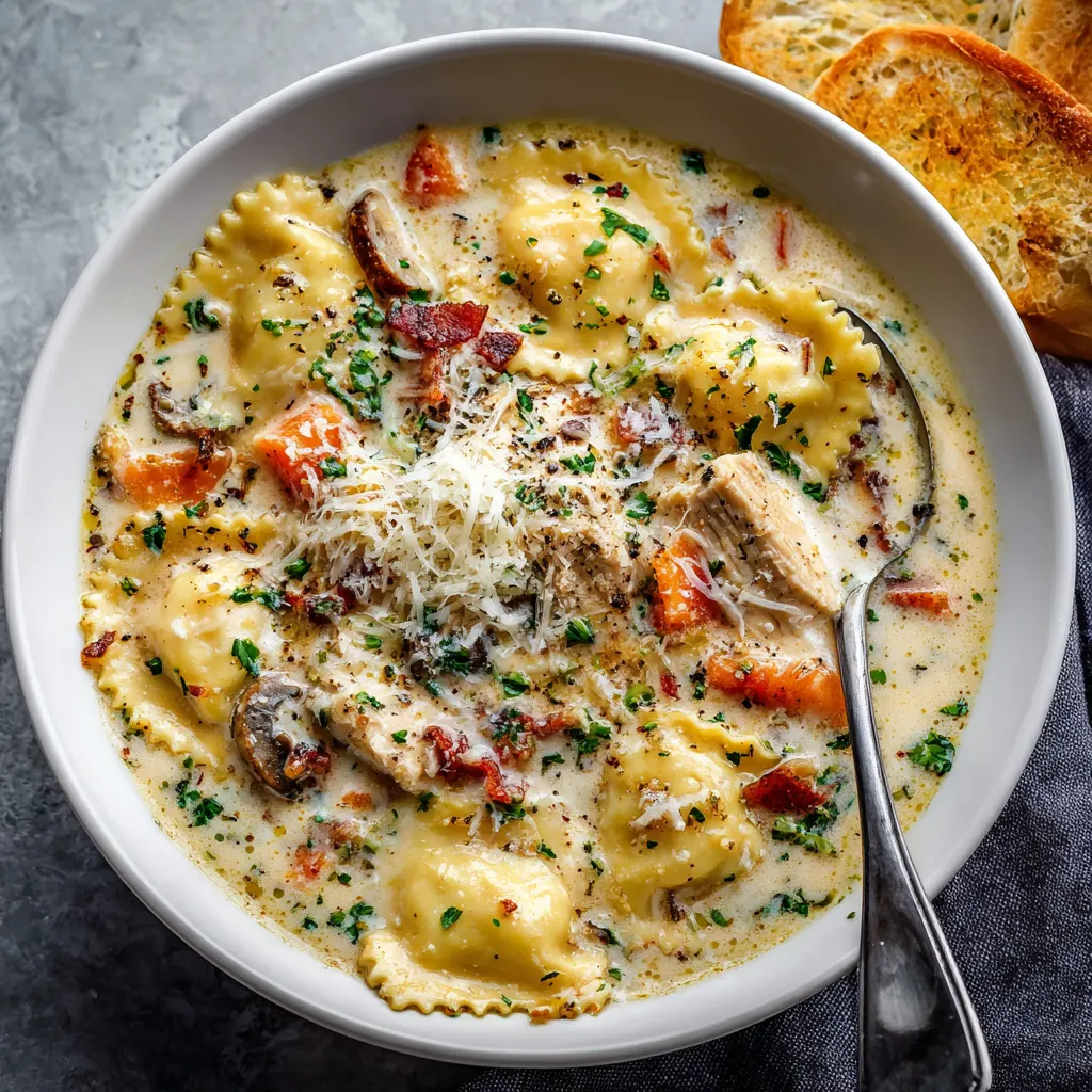 Creamy Chicken Alfredo Ravioli Soup – Cozy & Cheesy