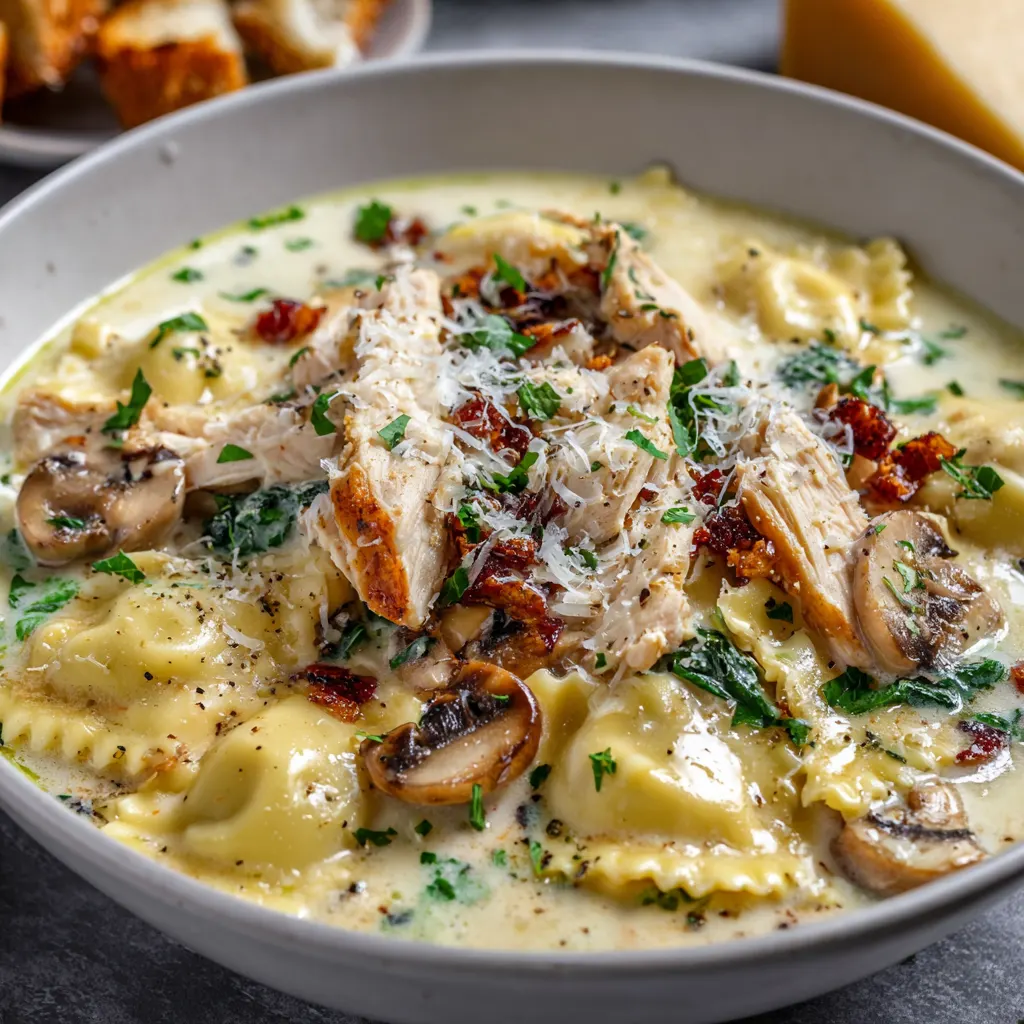 Creamy Chicken Alfredo Ravioli Soup – Cozy & Cheesy