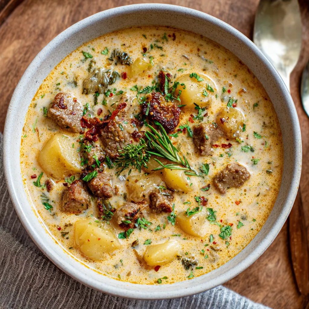 Creamy Garlic Beef & Potato Soup – Rich, Hearty & Comforting!