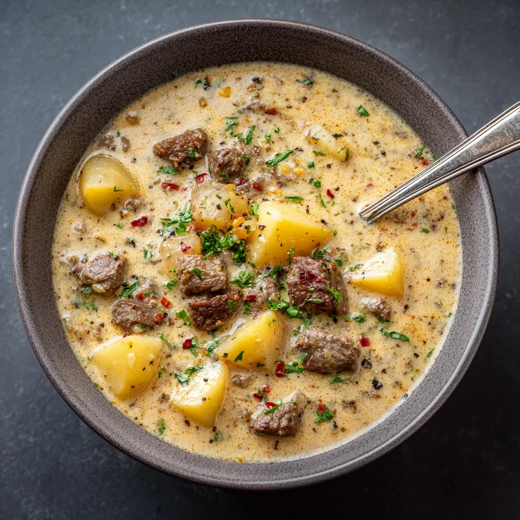 Creamy Garlic Beef & Potato Soup – Rich, Hearty & Comforting!