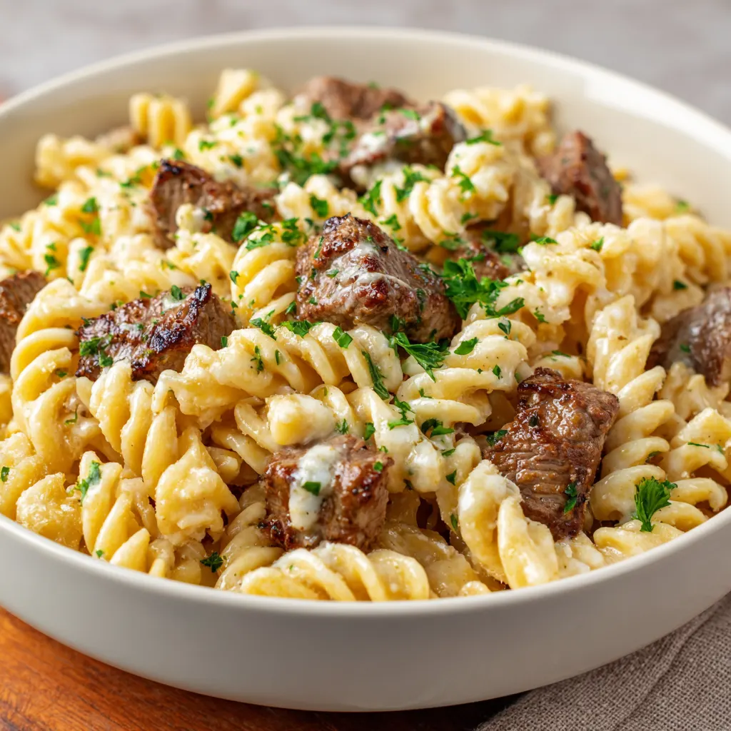 Easy Creamy Garlic Steak Bites Pasta – Juicy, Cheesy & Irresistible!