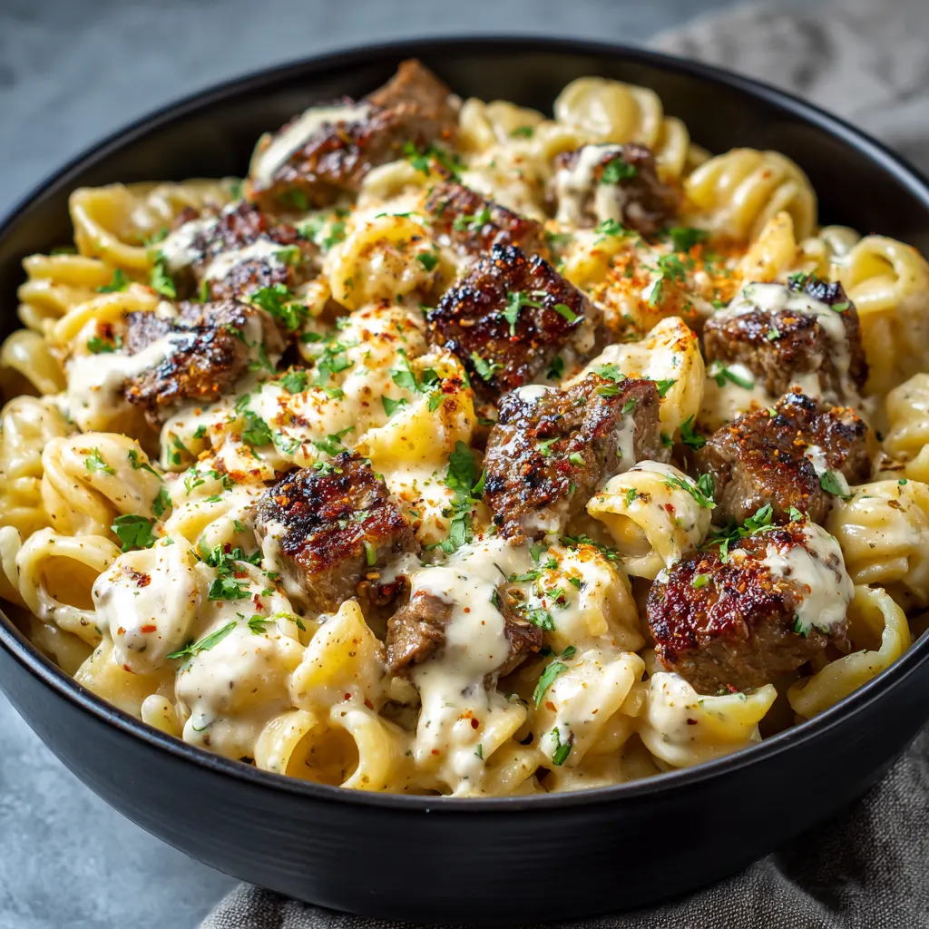 Easy Creamy Garlic Steak Bites Pasta – Juicy, Cheesy & Irresistible!