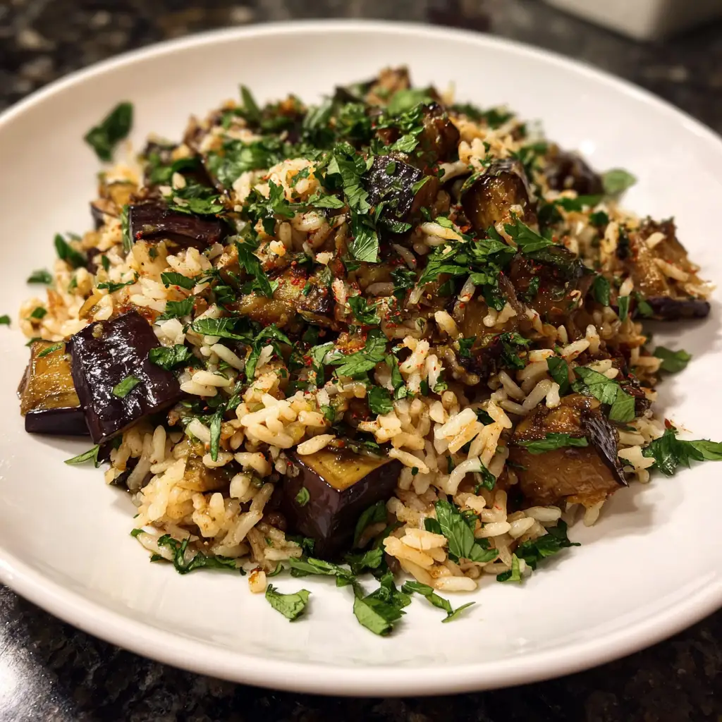 Greek Roasted Eggplant Rice Plate – Fresh & Flavorful