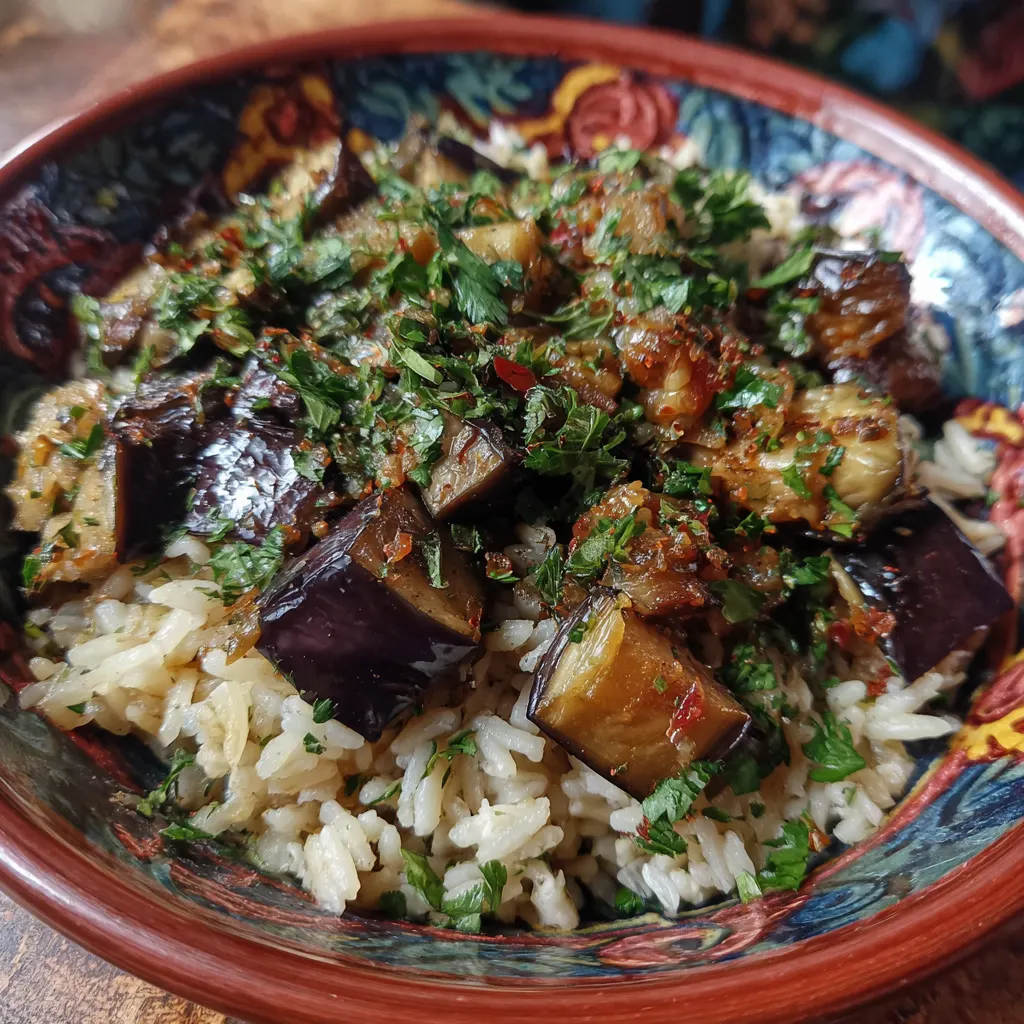 Greek Roasted Eggplant Rice Plate – Fresh & Flavorful