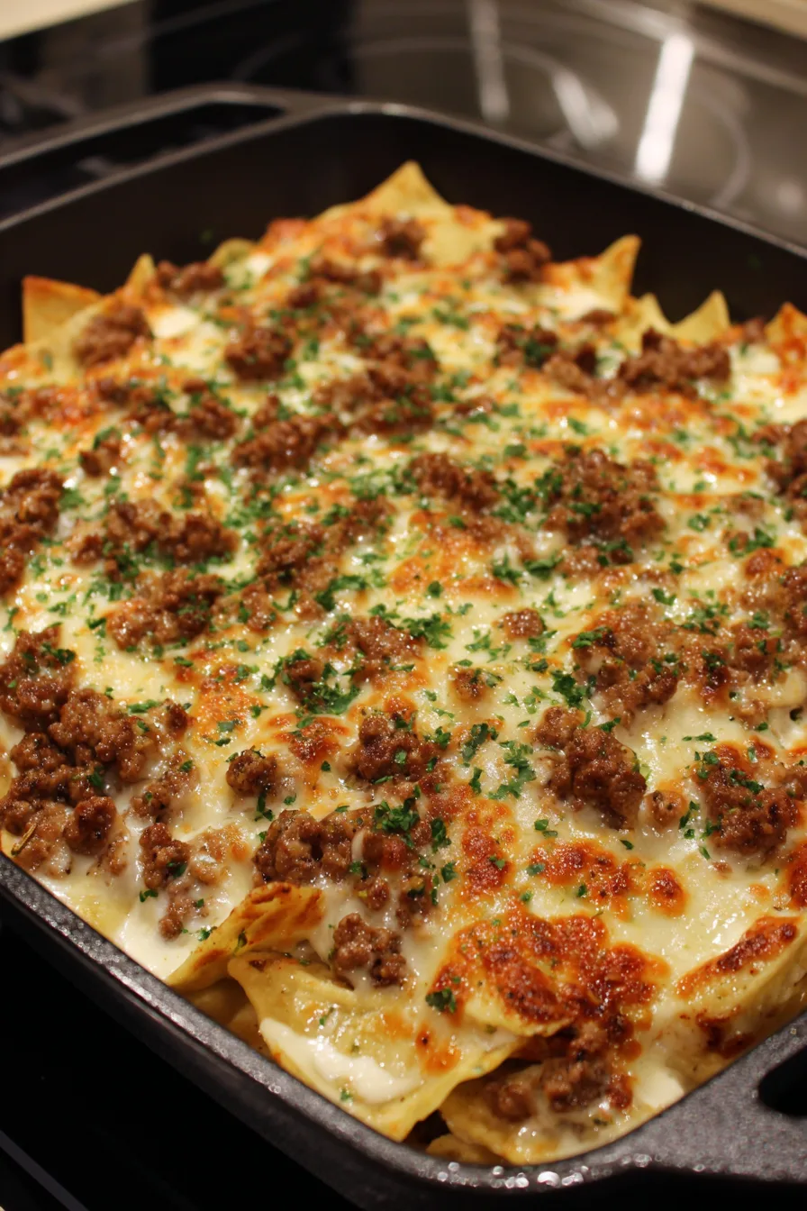 Ground Beef Baked Alfredo Nachos – Creamy & Loaded