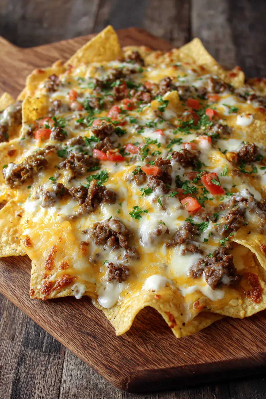 Ground Beef Baked Alfredo Nachos – Creamy & Loaded
