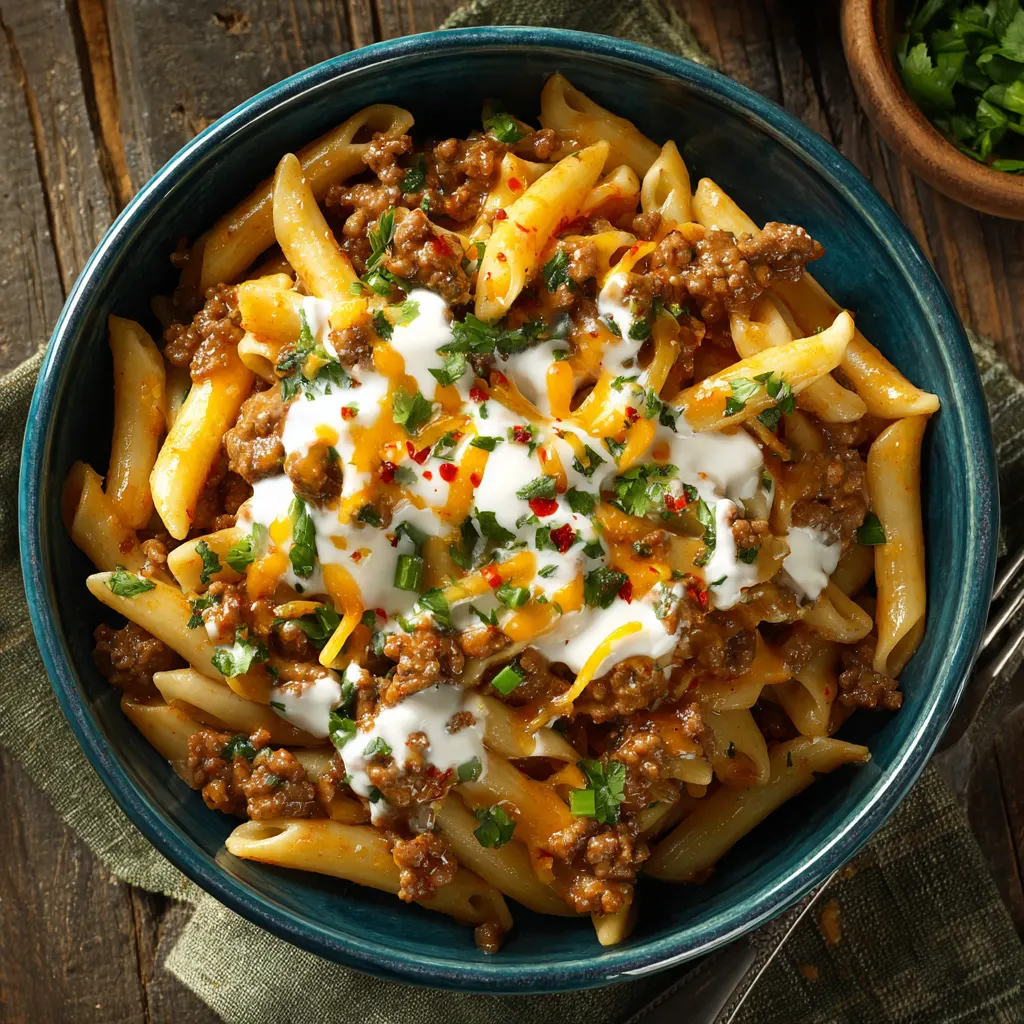 Ground Beef Buffalo Ranch Pasta
