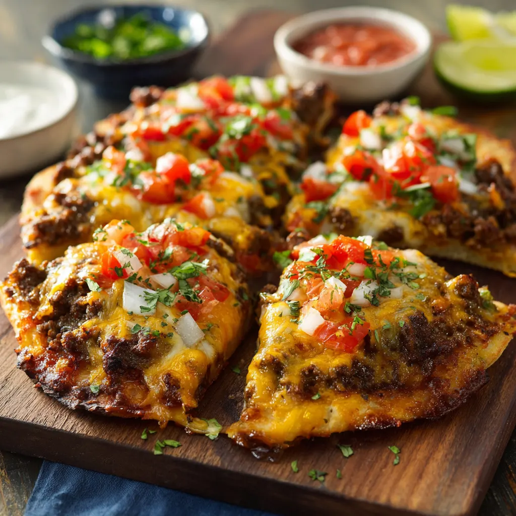 Ground Beef Cheesy Taco Flatbread – Crispy & Loaded