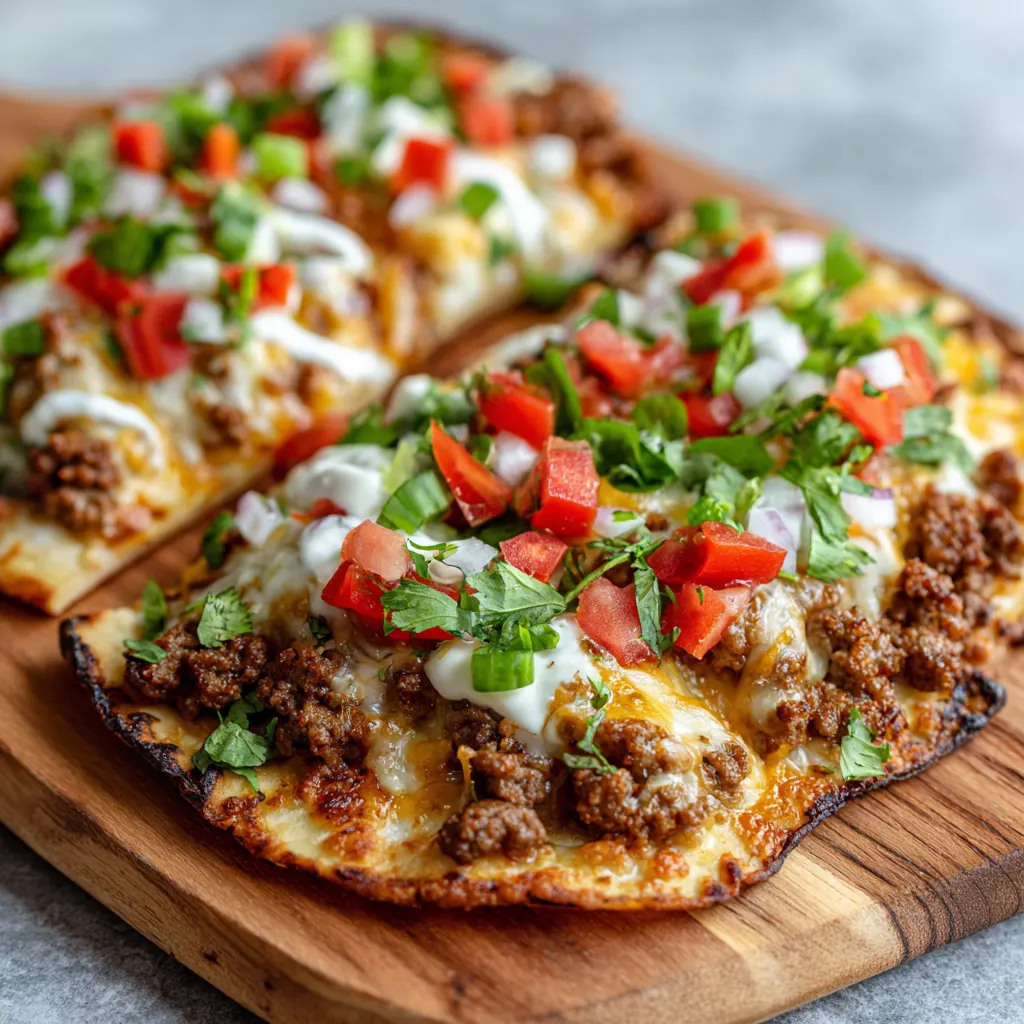 Ground Beef Cheesy Taco Flatbread – Crispy & Loaded