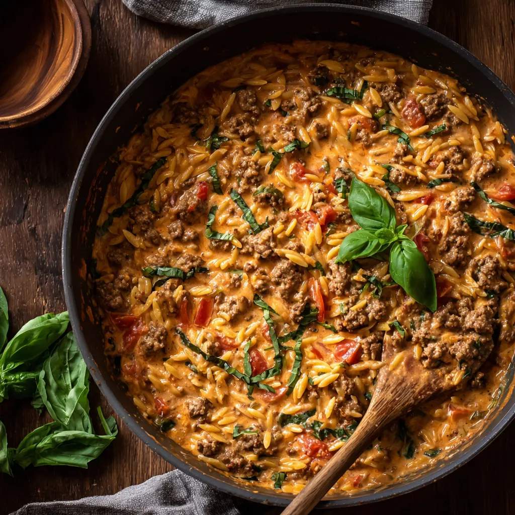 Ground Beef Creamy Tomato Basil Orzo
