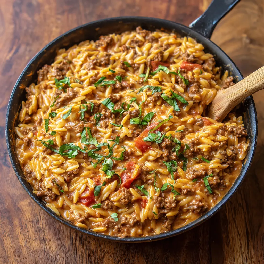 Ground Beef Creamy Tomato Basil Orzo
