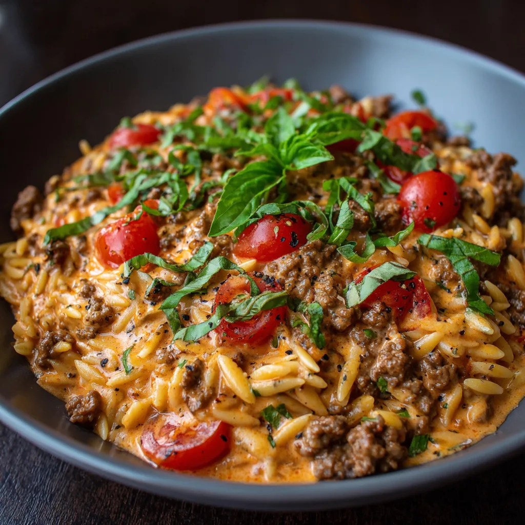Ground Beef Creamy Tomato Basil Orzo