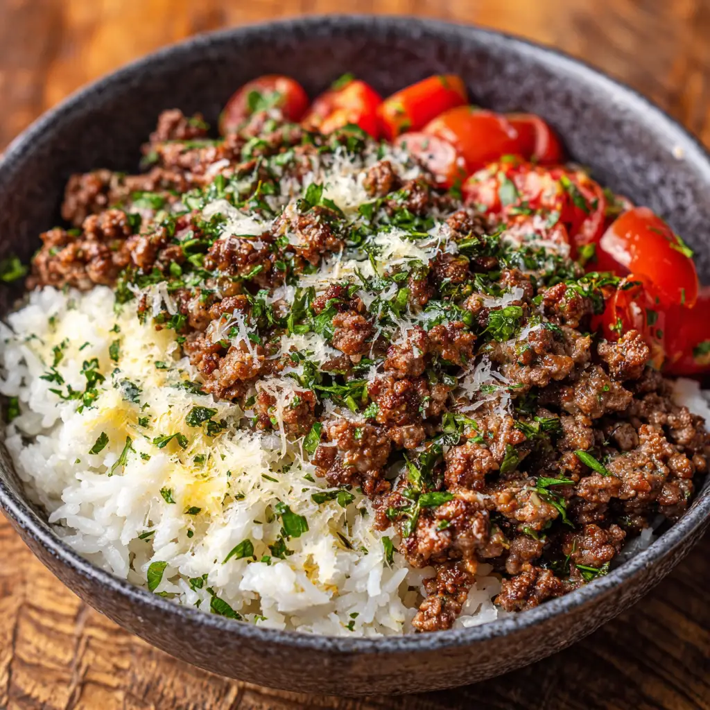 Ground Beef Garlic Butter Rice Bowl
