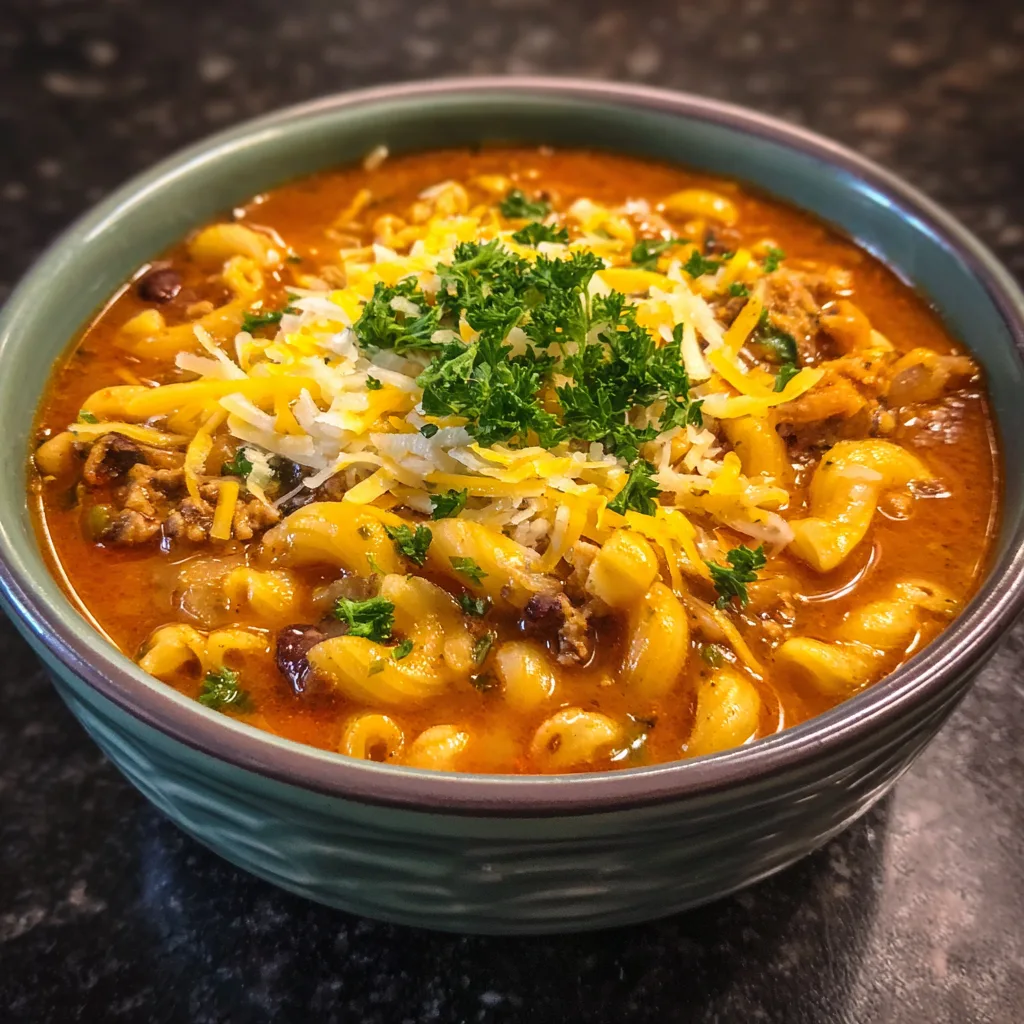 Loaded Chili Mac Soup – Hearty & Cheesy