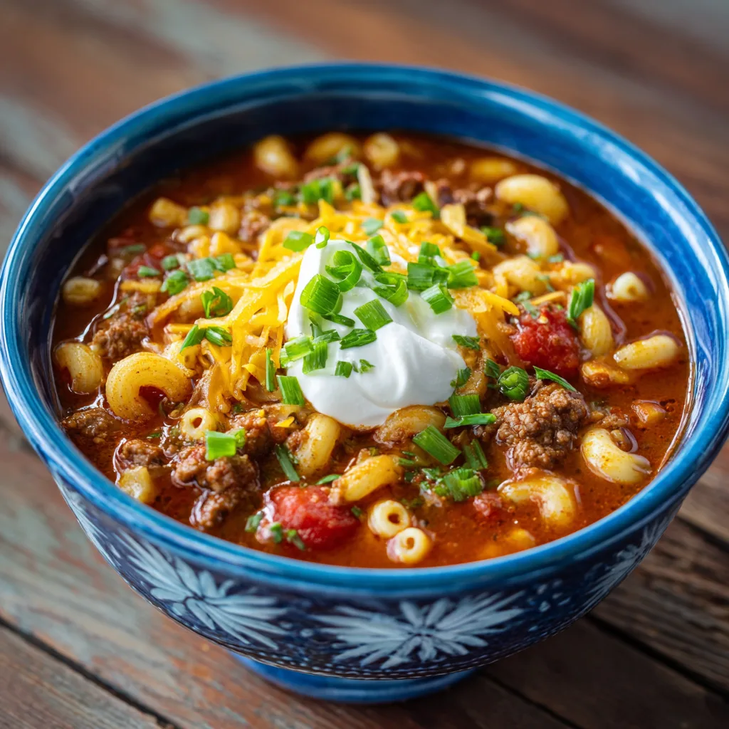 Loaded Chili Mac Soup – Hearty & Cheesy