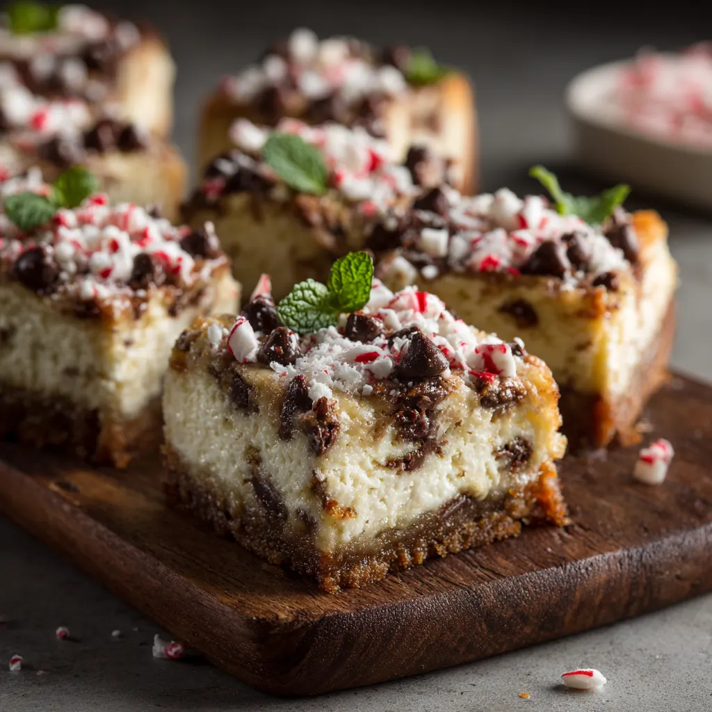 Creamy Peppermint Chocolate Chip Cheesecake Bars
