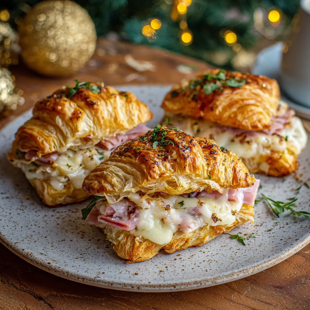 Golden baked croissant melts filled with creamy brie, sliced ham, and cranberry sauce, served warm as a festive Christmas sandwich.
