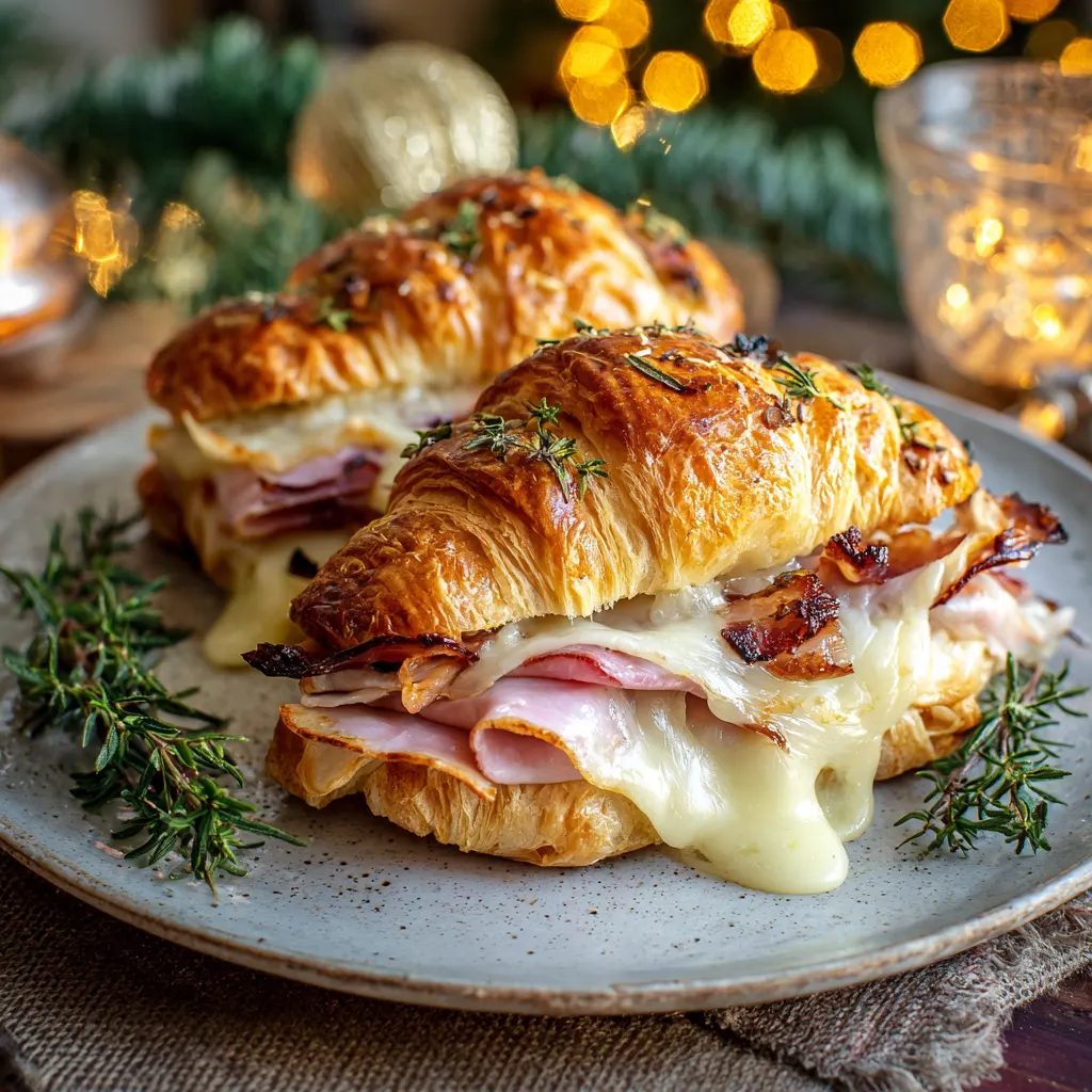 Golden baked croissant melts filled with creamy brie, sliced ham, and cranberry sauce, served warm as a festive Christmas sandwich.
