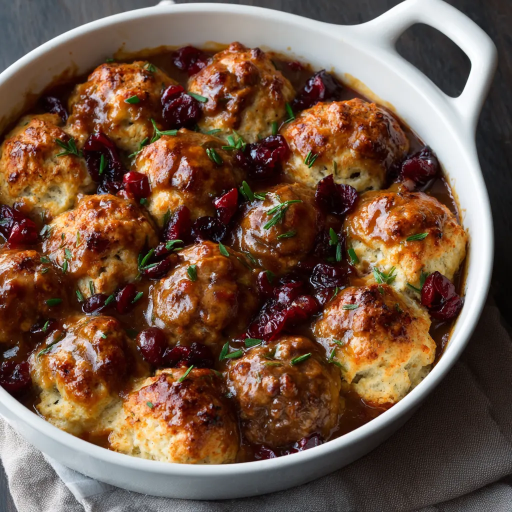 Cranberry BBQ Meatball Biscuit Bake – Sweet, Saucy & Comforting