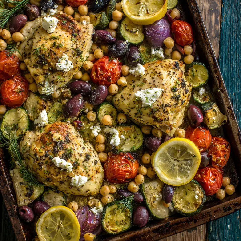 Greek Hummus Chicken Sheet Pan Bake