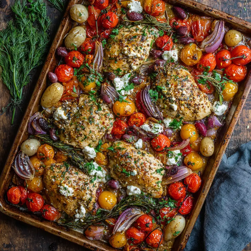 Greek Hummus Chicken Sheet Pan Bake