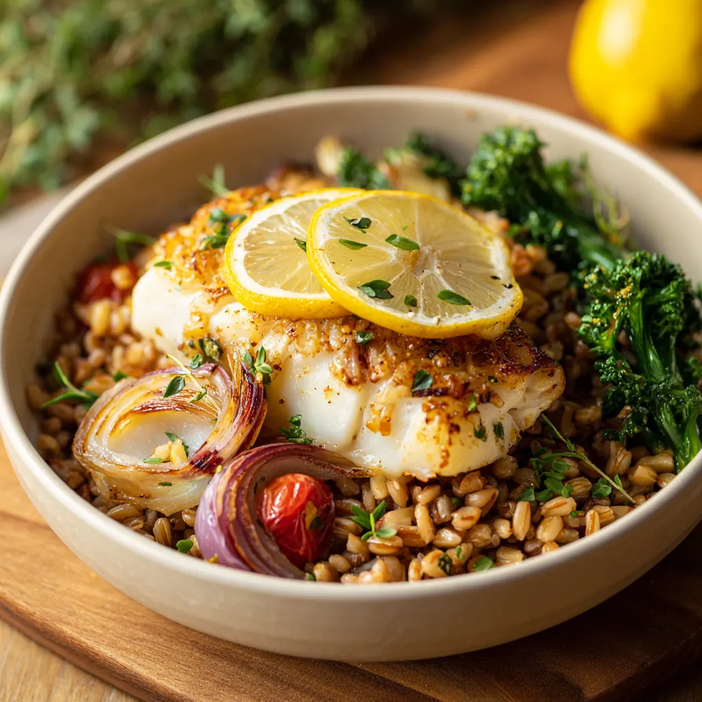 Lemon Garlic Cod Farro Bowl – Fresh, Healthy & Protein-Packed